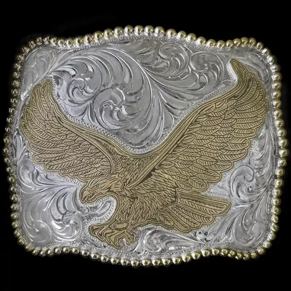 Our eagle custom belt buckle features a hand-engraved German Silver base, bold Bronze beaded edge, and your logo front and center for impact.
